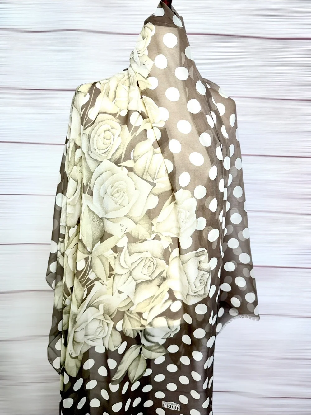 Vintage Gianfranco Ferré Silk Scarf Shawl Wrap 34x78 Roses Polka Dot Taupe Cream